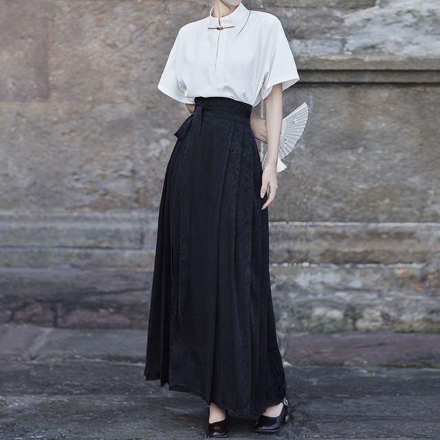 Short-Sleeve Stand Collar Plain Blouse / High Rise Maxi A-Line Skirt