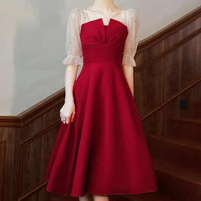 Elbow-Sleeve Square Neck Ruched Sequin Panel Mesh Midi A-Line Cocktail Dress