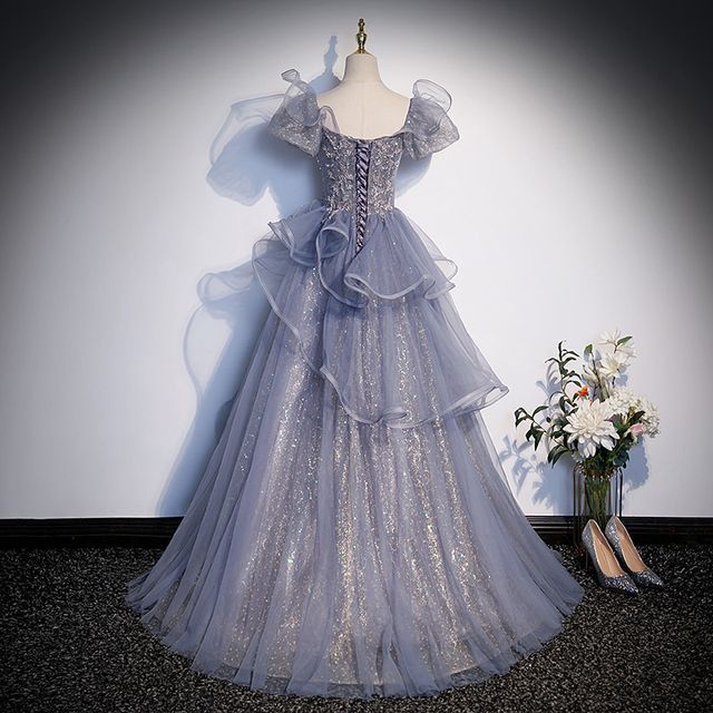 Puff Sleeve Square Neck Sequin Ruffle Panel Mesh A-Line Evening Gown