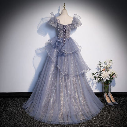 Puff Sleeve Square Neck Sequin Ruffle Panel Mesh A-Line Evening Gown