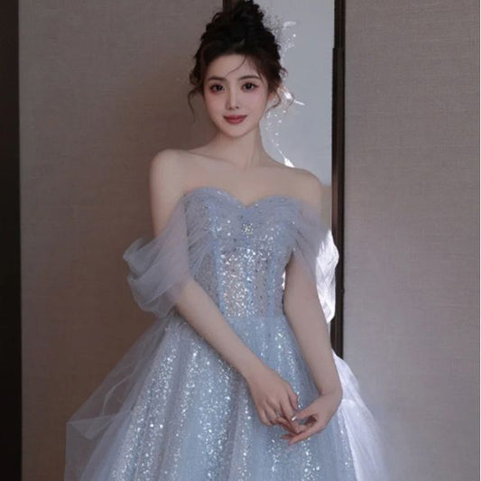 Evening Shoulder A-Line Cold Midi Gown Glitter