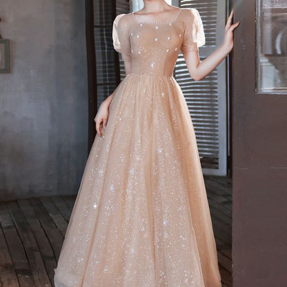 Square Trim Pearl Glitter Gown Mesh Neck Ruched Evening Faux A-Line Short-Sleeve