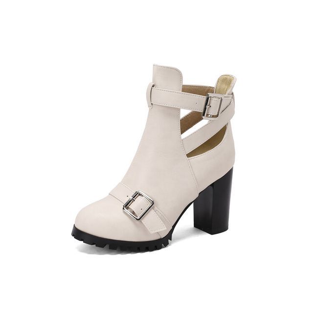 Buckled Cutout Chunky Heel Ankle Boots