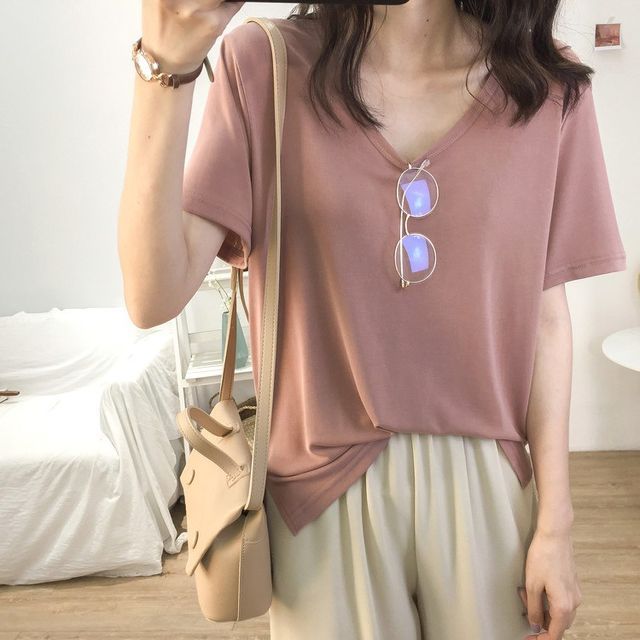 Short-Sleeve V-Neck Plain T-Shirt