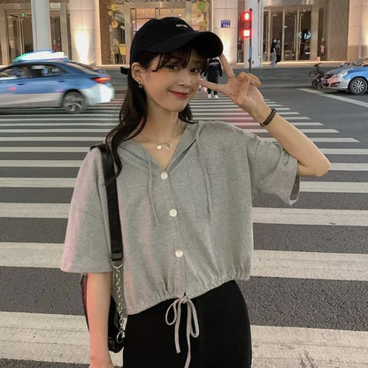 Short-Sleeve Plain Hooded Button-Up Cropped Tee