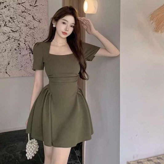 Short-Sleeve Square Neck Plain Mini A-Line Dress
