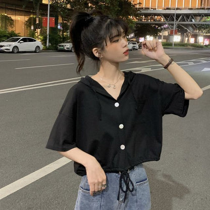 Short-Sleeve Plain Hooded Button-Up Cropped Tee