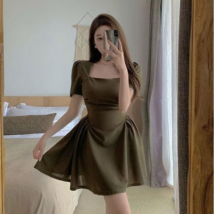 Short-Sleeve Square Neck Plain Mini A-Line Dress