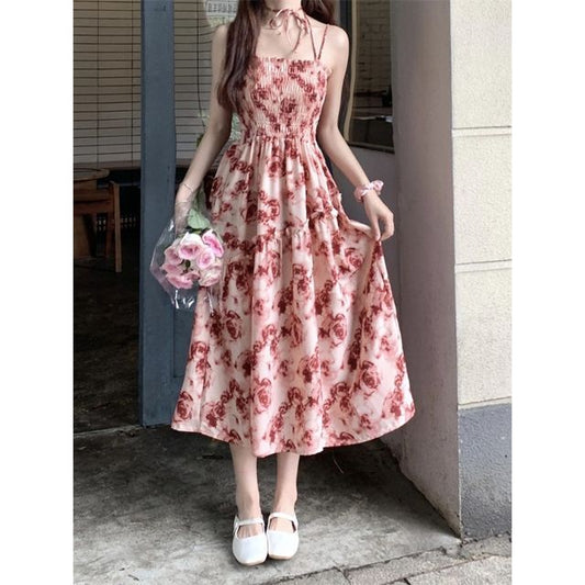 Floral Ruched A-Line Maxi Dress with Thin Straps