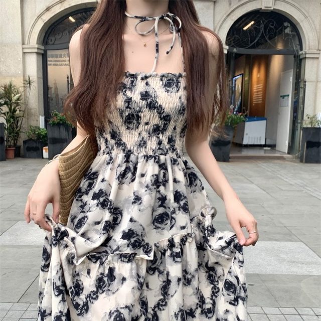 Floral Ruched A-Line Maxi Dress with Thin Straps