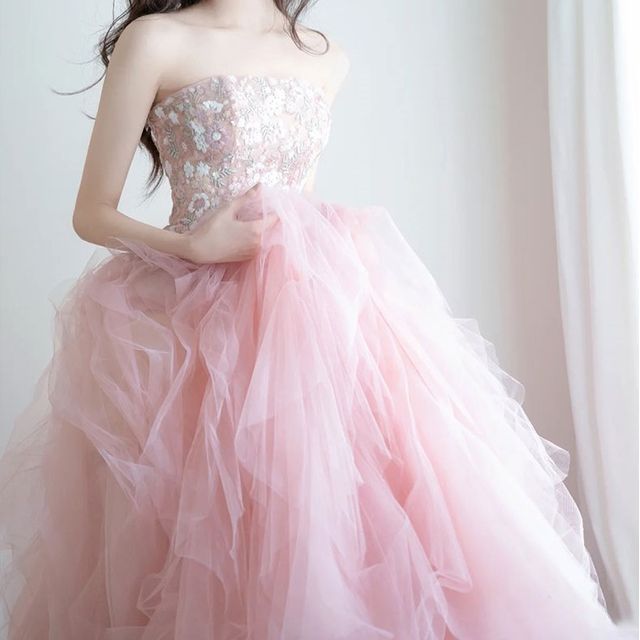 Flower Embroidered Gown Panel Mesh A-Line Strapless Evening