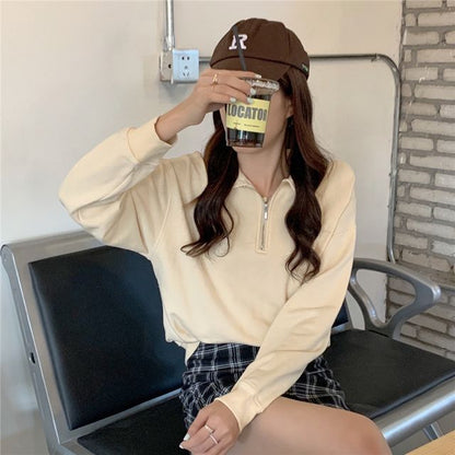 Long-Sleeve Plain Half-Zip Polo-Neck Sweatshirt