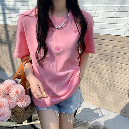 Short-Sleeve Round Neck Heart Embroidered Tee