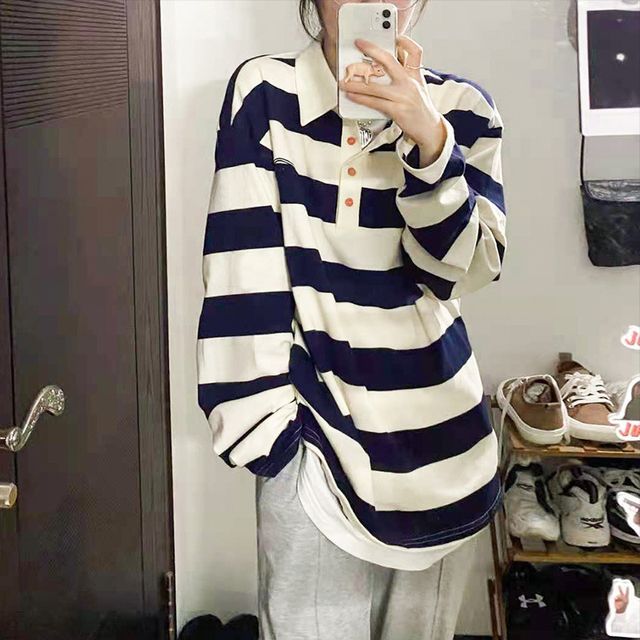 Long-Sleeve Striped Polo Shirt