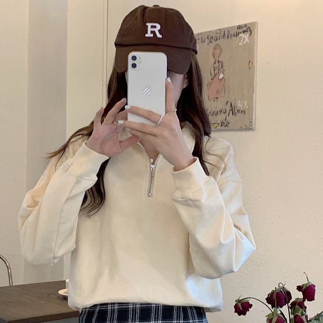 Long-Sleeve Plain Half-Zip Polo-Neck Sweatshirt