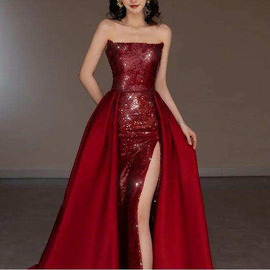 Sequined Strapless A-Line Paneled Gown Evening