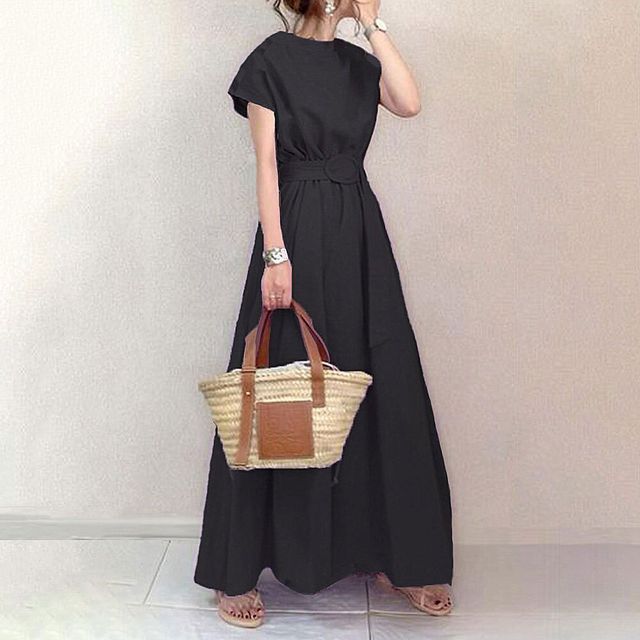Short Sleeve Crewneck A-Line Maxi Dress