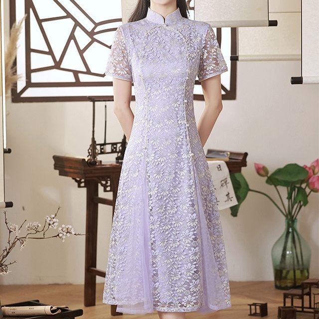 Short-Sleeve Floral Midi Qipao