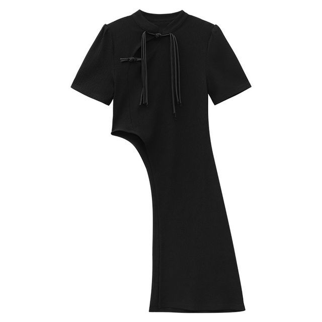 Short-Sleeve Collared Slit Long Top