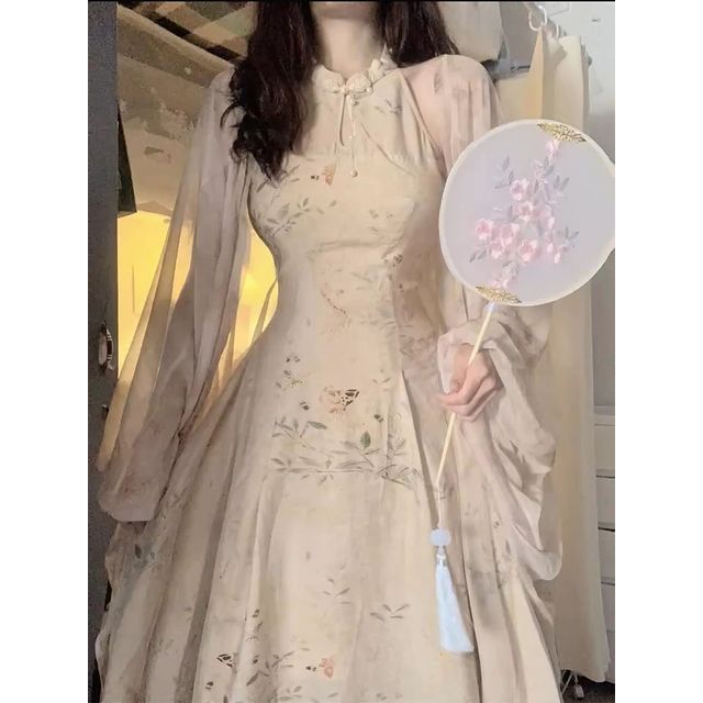 Sleeveless Halter Floral Cutout Midi A-Line Qipao / Light Jacket / Set
