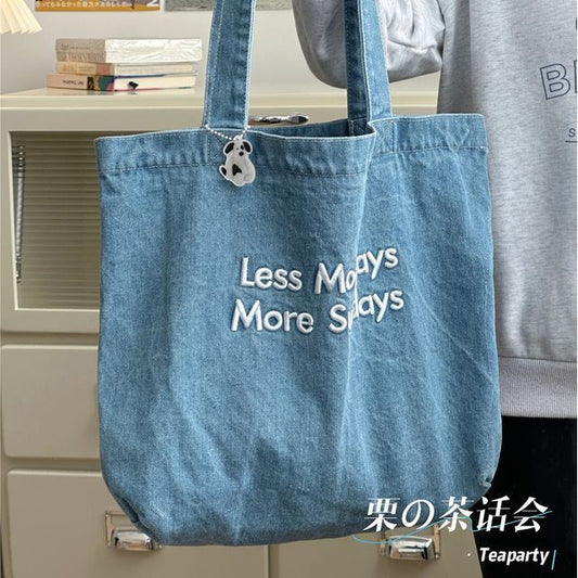 Lettering Washed Denim Tote Bag