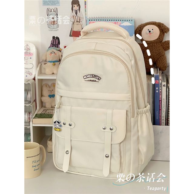 Lettering Label Buckled Flap Laptop Backpack