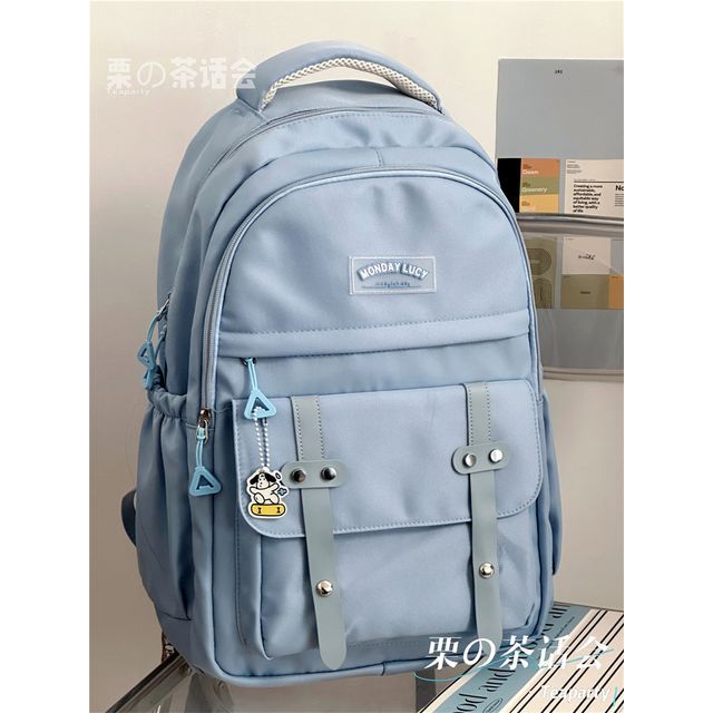 Lettering Label Buckled Flap Laptop Backpack