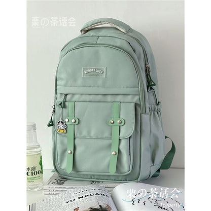 Lettering Label Buckled Flap Laptop Backpack