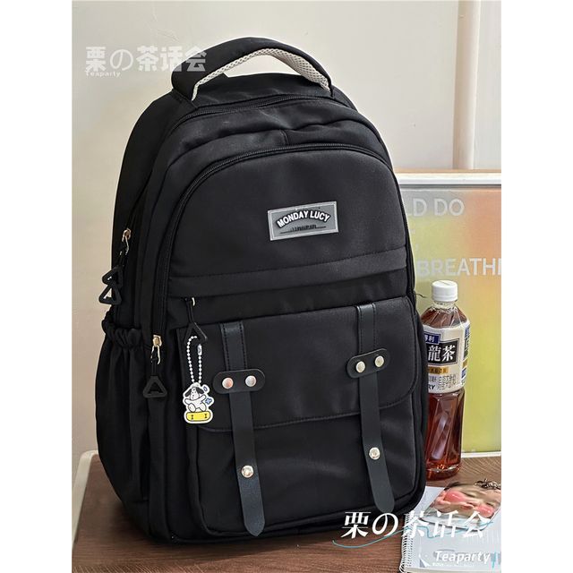 Lettering Label Buckled Flap Laptop Backpack