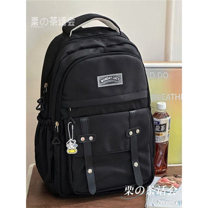 Lettering Label Buckled Flap Laptop Backpack