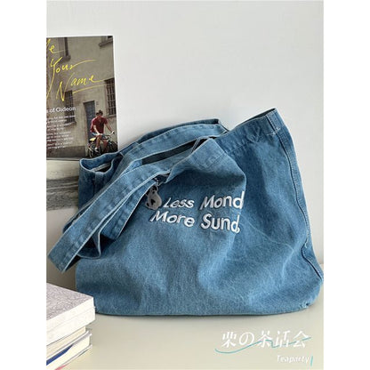 Lettering Washed Denim Tote Bag