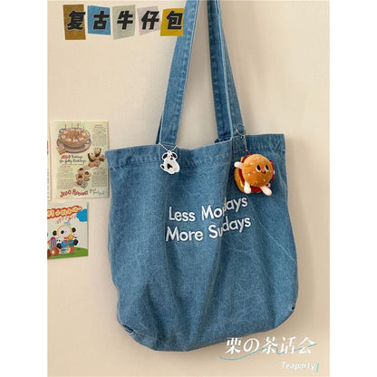 Lettering Washed Denim Tote Bag