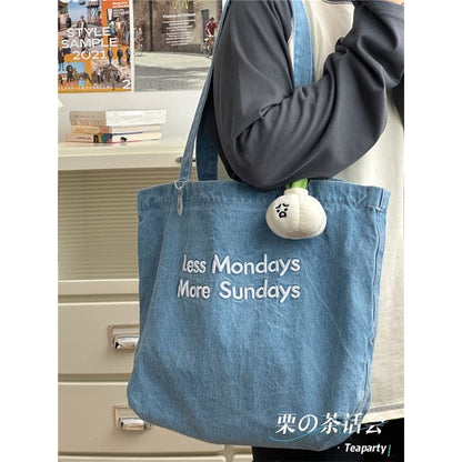 Lettering Washed Denim Tote Bag