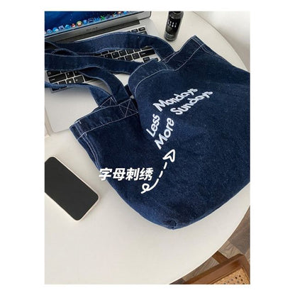 Lettering Washed Denim Tote Bag