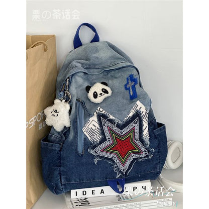 Star Applique Washed Paneled Denim Backpack