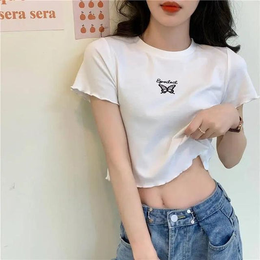 Short-Sleeve Crew Neck Butterfly Embroidered Lettuce Edge Crop T-Shirt