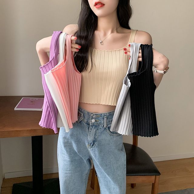 Square Neck Plain Crop Ribbed Knit Tank Top