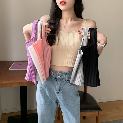 Square Neck Plain Crop Ribbed Knit Tank Top