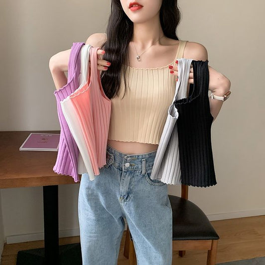 Square Neck Plain Crop Ribbed Knit Tank Top