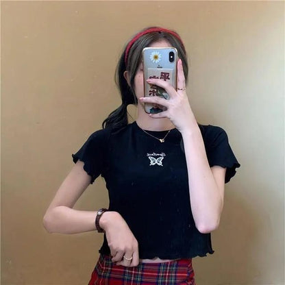 Short-Sleeve Crew Neck Butterfly Embroidered Lettuce Edge Crop T-Shirt