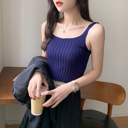 Square Neck Plain Crop Ribbed Knit Tank Top