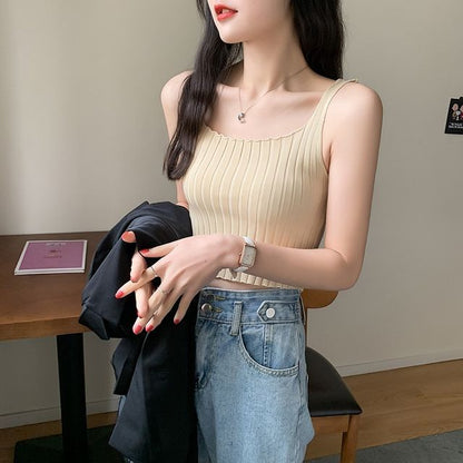 Square Neck Plain Crop Ribbed Knit Tank Top