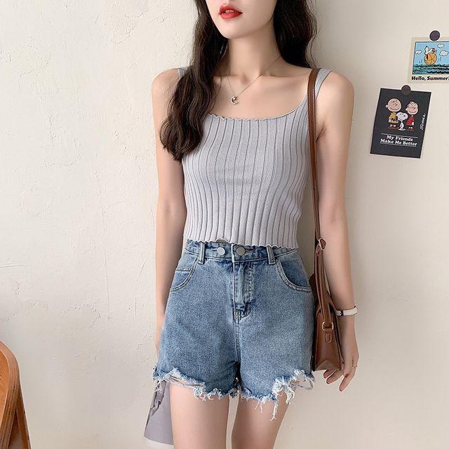 Square Neck Plain Crop Ribbed Knit Tank Top