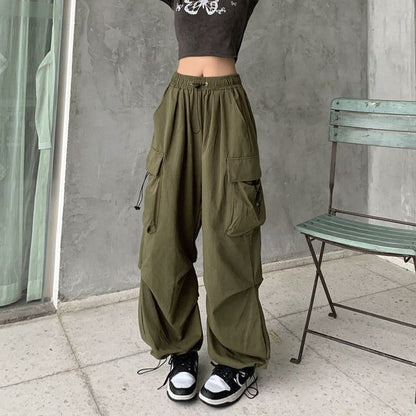 Drawstring Waist Plain Wide Leg Cargo Pants