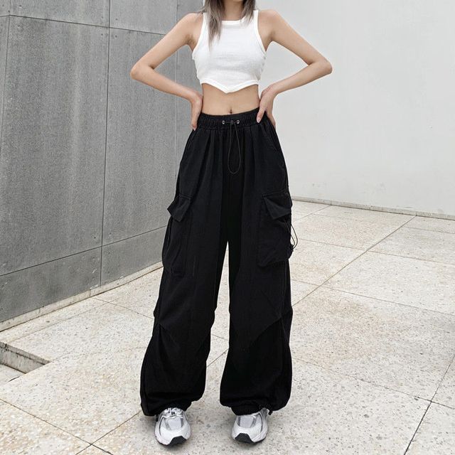 Drawstring Waist Plain Wide Leg Cargo Pants