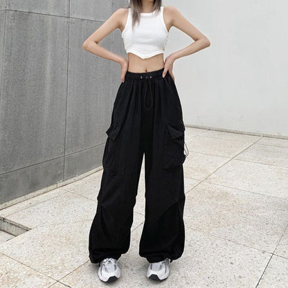Drawstring Waist Plain Wide Leg Cargo Pants