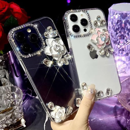 Floral Rhinestone Transparent Phone Case