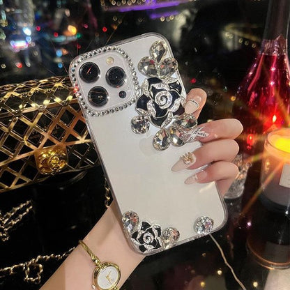 Floral Rhinestone Transparent Phone Case