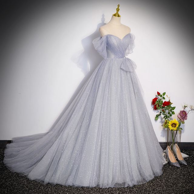 Mesh A-Line Evening Off Gown Shoulder Glitter Short-Sleeve Plain