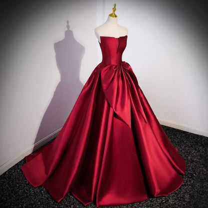 Plain Bow Satin A-Line Tube Evening Gown
